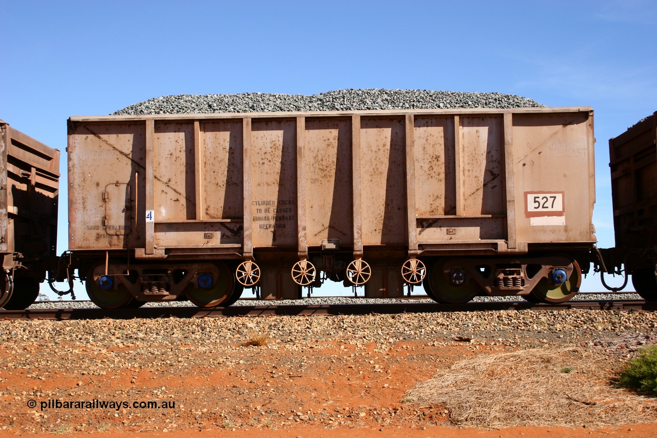 050518 2197
Bing Siding. Side view of 1963 built Magor USA waggon 527, originally in ore service before conversion to a ballast waggon.
Keywords: Magor-USA;BHP-ballast-waggon;