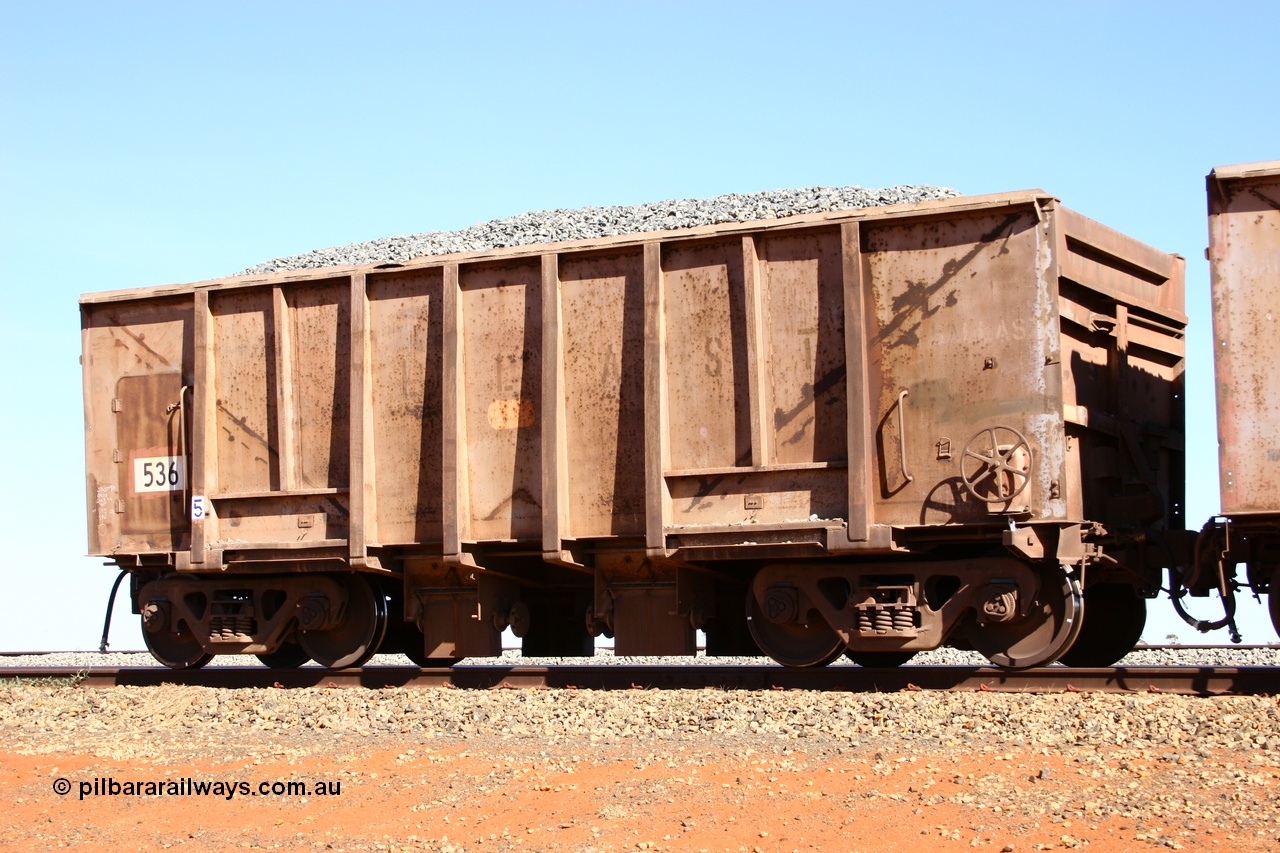 050518 2198
Bing Siding. 3/4 view of 1963 built Magor USA waggon 536, originally in ore service before conversion to a ballast waggon.
Keywords: Magor-USA;BHP-ballast-waggon;
