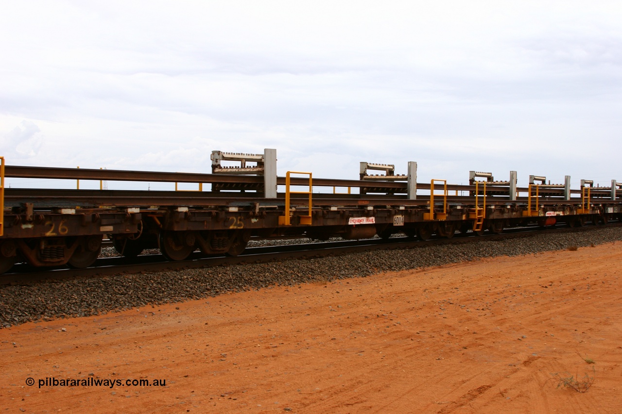 050522 2735
Goldsworthy Junction, rail recovery and transport train flat waggon #25, 6014, built by Comeng WA in November 1971.
Keywords: Comeng-WA;BHP-rail-train;
