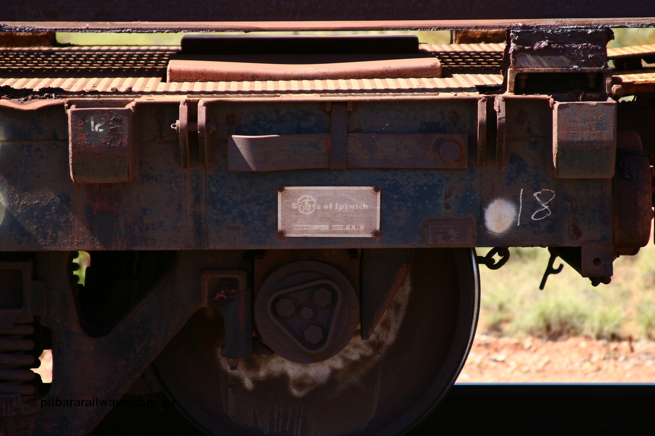 050525 2951
Mooka Siding, rail recovery and transport train flat waggon #18, builders plate of 6012, built by Scotts of Ipswich Qld on 11-09-1970.
Keywords: Scotts-Qld;BHP-rail-train;