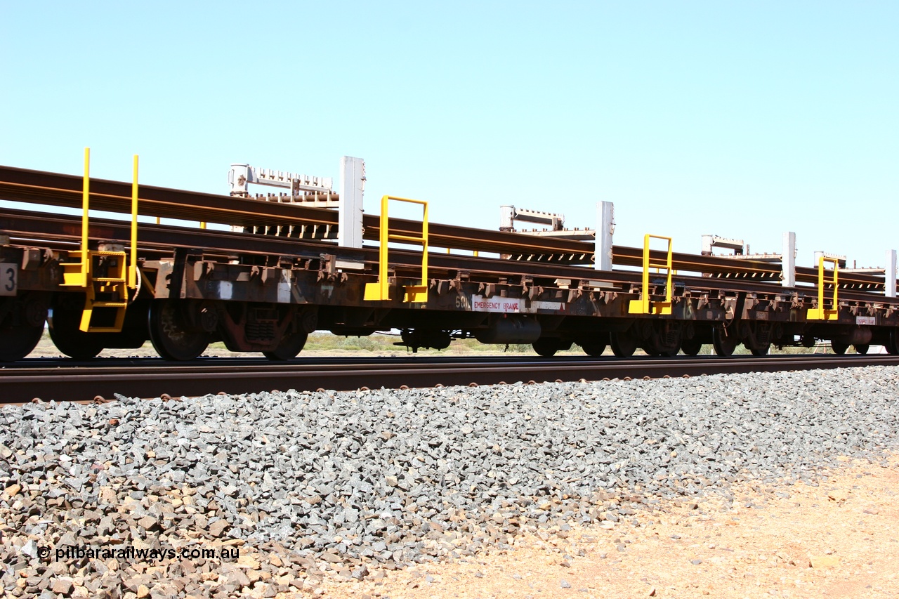 050525 2986
Mooka Siding, rail recovery and transport train flat waggon #18, 6012, built by Scotts of Ipswich Qld in September 1970.
Keywords: Scotts-Qld;BHP-rail-train;