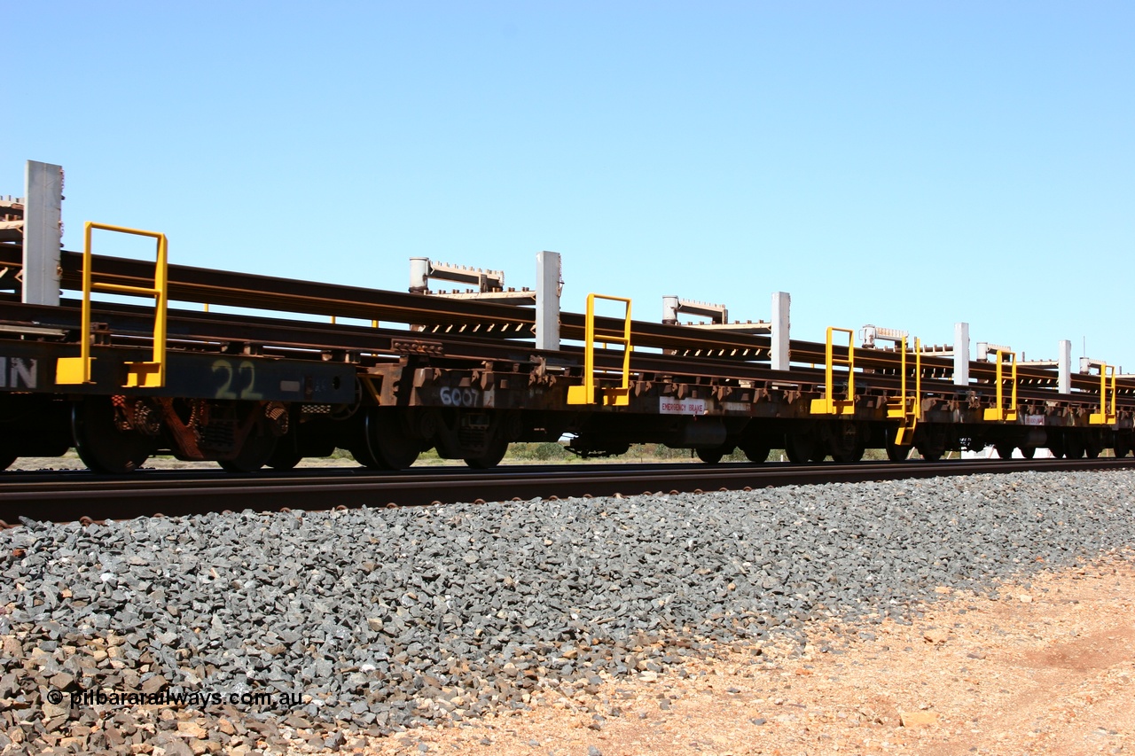 050525 2989
Mooka Siding, rail recovery and transport train flat waggon #21, 6007 with registered number G506007, built by Scotts of Ipswich Qld in 1970.
Keywords: Scotts-Qld;BHP-rail-train;