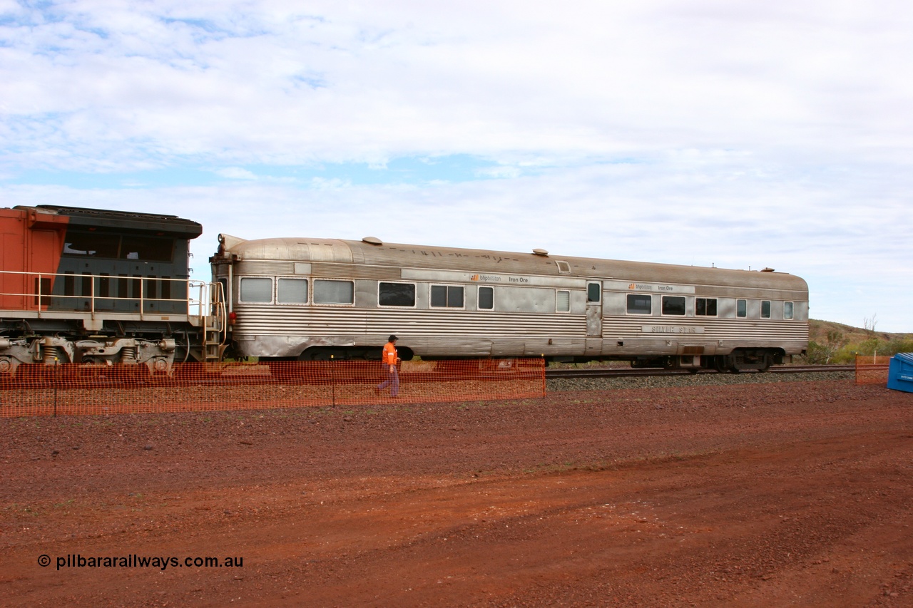 050624 3335
Goldsworthy, the Sundowner coach, originally built by E. G. Budd in 1939 numbered 301 as the Silver Star as a diner-parlour-observation coach on the Chicago, Burlington and Quincy Railroad's General Pershing Zephyr train from the 1930s and 1940s. Donated to Mt Newman Mining Co. by AMAX an original joint venture partner to commemorate the projects first 100 million tonnes of iron ore railed between Mount Whaleback mine and the Port Hedland port.
Keywords: Silver-Star;EG-Budd;Sundowner;General-Pershing-Zephyr;301;