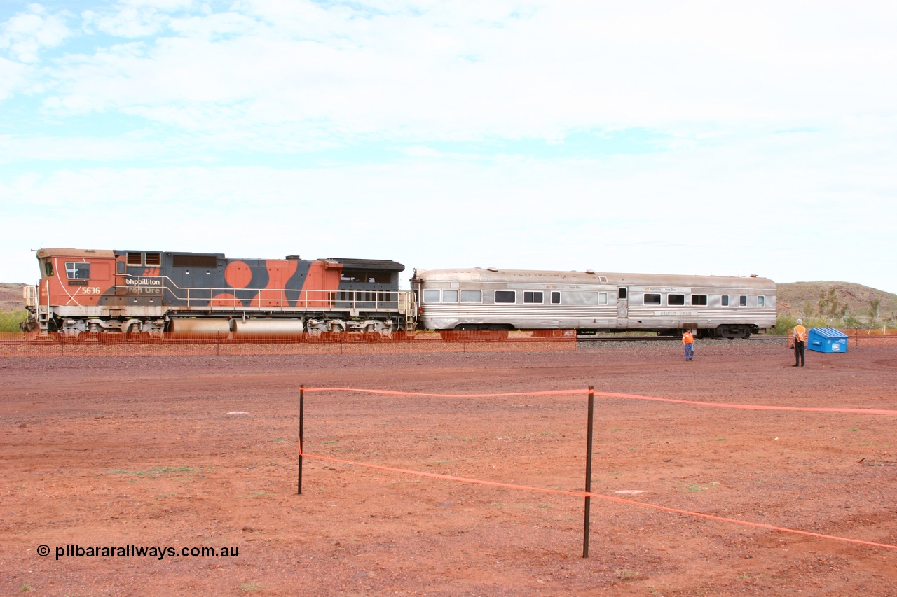 050624 3337
Goldsworthy, Dash 8 locomotive 5636 with the Sundowner coach, originally built by E. G. Budd in 1939 numbered 301 as the Silver Star as a diner-parlour-observation coach on the Chicago, Burlington and Quincy Railroad's General Pershing Zephyr train from the 1930s and 1940s. Donated to Mt Newman Mining Co. by AMAX an original joint venture partner to commemorate the projects first 100 million tonnes of iron ore railed between Mount Whaleback mine and the Port Hedland port.
Keywords: Silver-Star;EG-Budd;Sundowner;General-Pershing-Zephyr;301;