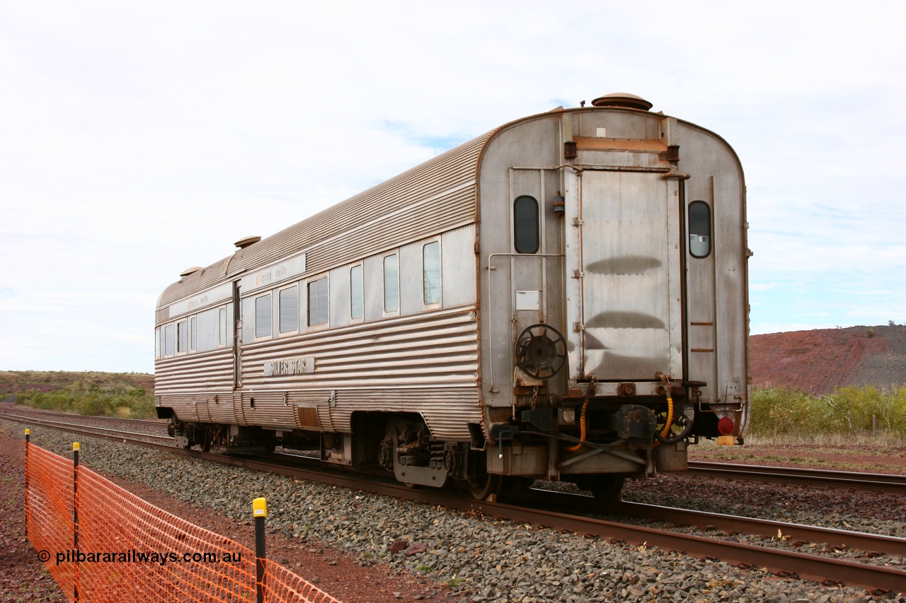 050624 3351
Goldsworthy, train end and hand brake of the Sundowner coach, originally built by E. G. Budd in 1939 numbered 301 as the Silver Star as a diner-parlour-observation coach on the Chicago, Burlington and Quincy Railroad's General Pershing Zephyr train from the 1930s and 1940s. Donated to Mt Newman Mining Co. by AMAX an original joint venture partner to commemorate the projects first 100 million tonnes of iron ore railed between Mount Whaleback mine and the Port Hedland port.
Keywords: Silver-Star;EG-Budd;Sundowner;General-Pershing-Zephyr;301;