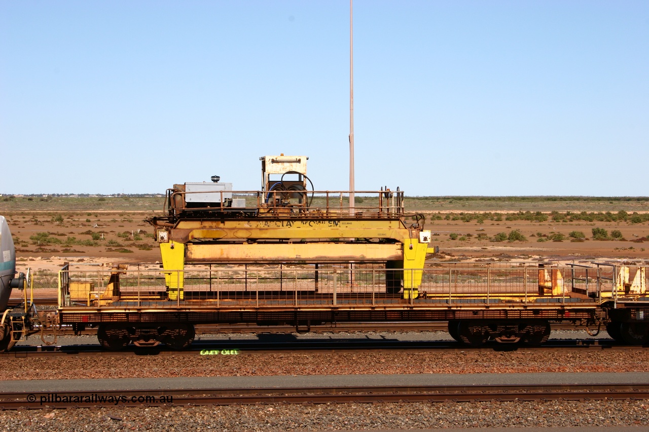 050724 4214
Nelson Point yard, flat waggon #6? in service on the Pony re-laying train as a transport waggon for a gantry car as pictured. Originally in service with Goldsworthy Mining as a BC or BCV box van, built by Comeng WA in 1966.
Keywords: Comeng-WA;GML;BHP-pony-waggon;