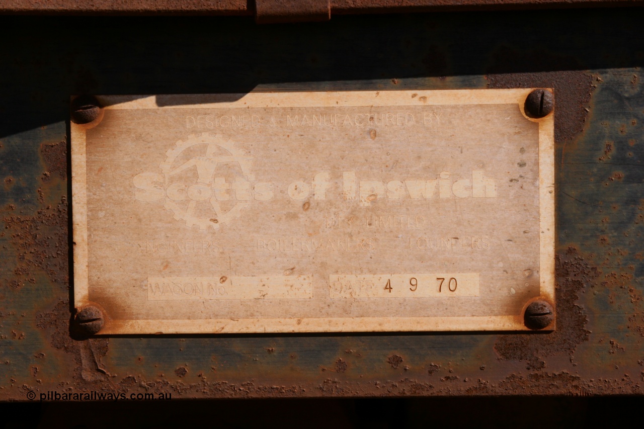 050801 4765
Flash Butt yard, rail recovery and transport train, builders plate of 1st lead off waggon 6011, built by Scotts of Ipswich Qld on 04-09-1970.
Keywords: Scotts-Qld;BHP-rail-train;