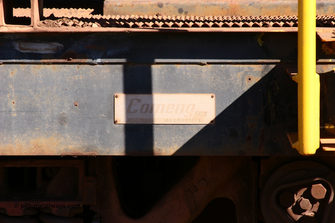 050801 4768
Flash Butt yard, rail recovery and transport train, builders plate of 3rd lead off waggon 6205, built by Comeng WA, January 1977 under order no. 07-M-282 RY.
Keywords: Comeng-WA;BHP-rail-train;