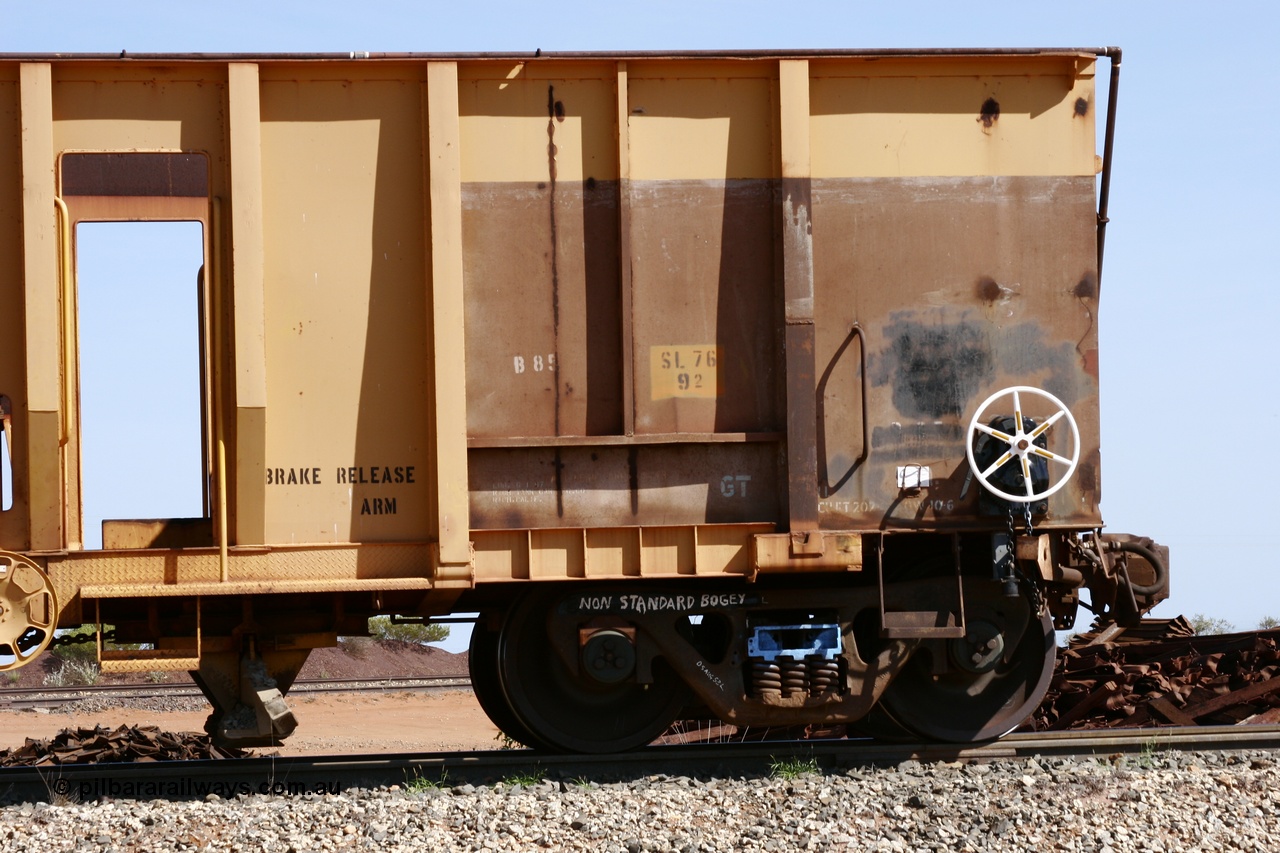 051001 5641
Flash Butt yard, side view of ballast plough converted from Magor USA built Oroville ore waggon 538, shows bogie and hand brake detail.
Keywords: Magor-USA;BHP-ballast-waggon;Mt-Newman-Mining-WS;
