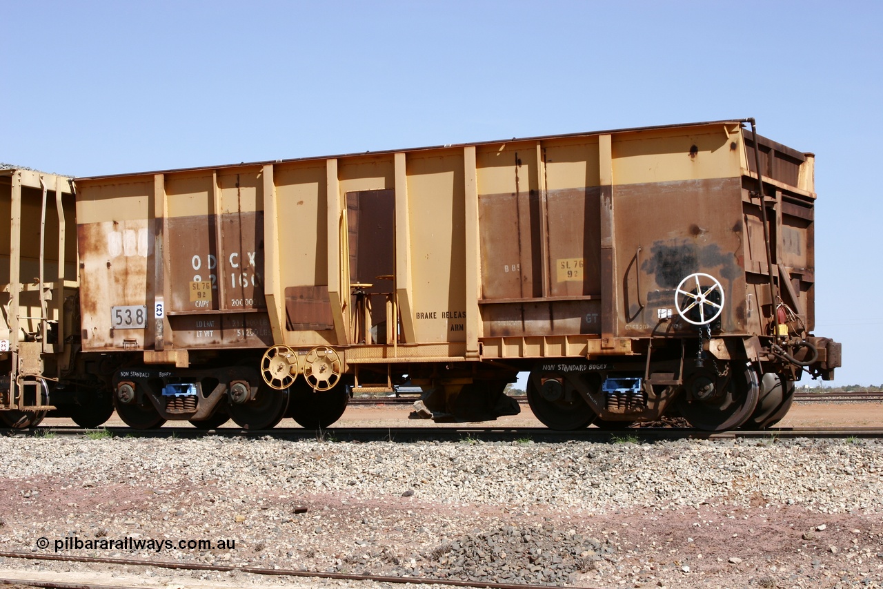 051001 5643
Flash Butt yard, side view of ballast plough converted from Magor USA built Oroville ore waggon 538, still visible is the ODCX 82160 number from original service building the Oroville Dam, through brake pipe is visible over the top of waggon.
Keywords: Magor-USA;BHP-ballast-waggon;Mt-Newman-Mining-WS;