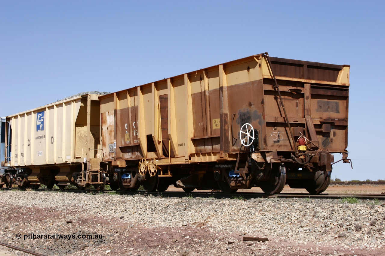 051001 5644
Flash Butt yard, side view of ballast plough converted from Magor USA built Oroville ore waggon 538, still visible is the ODCX 82160 number from original service building the Oroville Dam, through brake pipe is visible over the top of waggon.
Keywords: Magor-USA;BHP-ballast-waggon;Mt-Newman-Mining-WS;