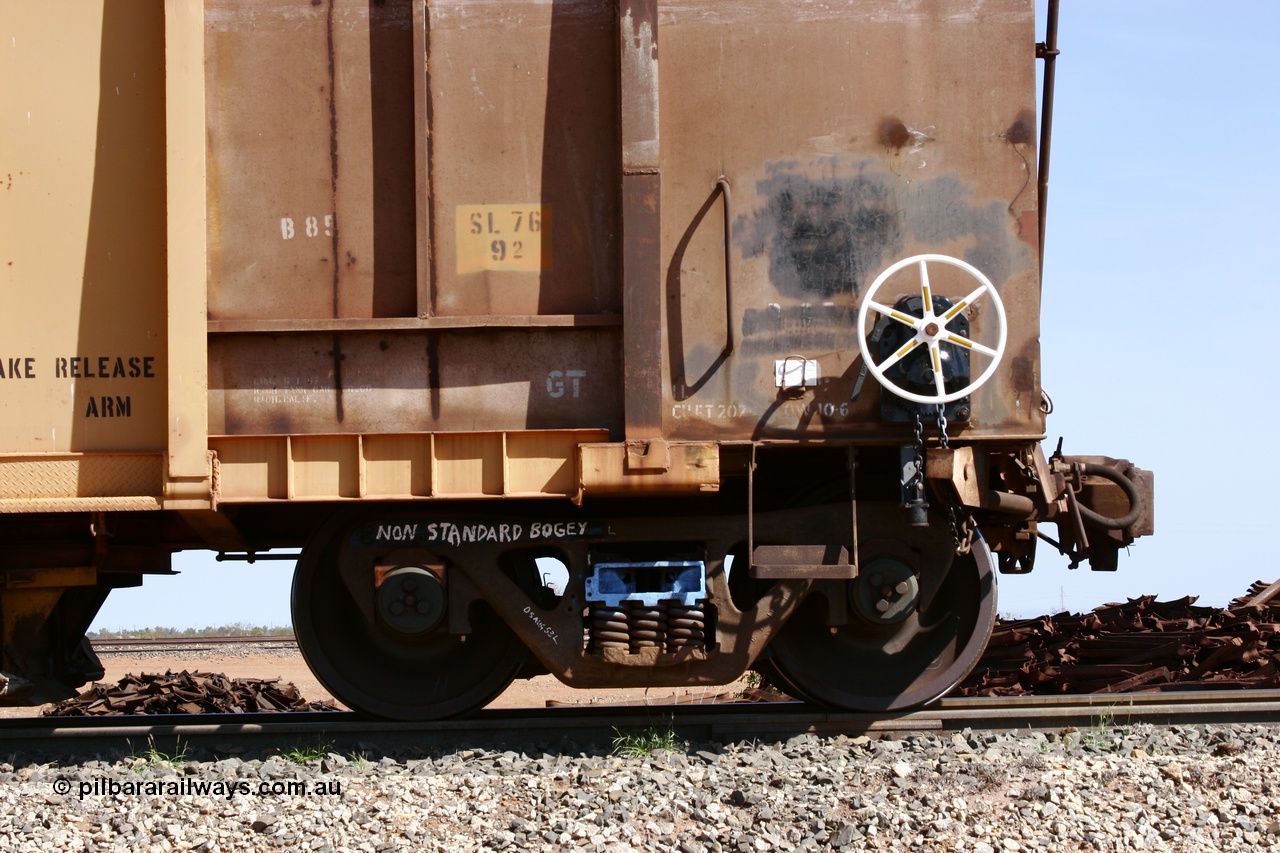 051001 5650
Flash Butt yard, side view of ballast plough converted from Magor USA built Oroville ore waggon 538, shows bogies and hand brake detail.
Keywords: Magor-USA;BHP-ballast-waggon;Mt-Newman-Mining-WS;