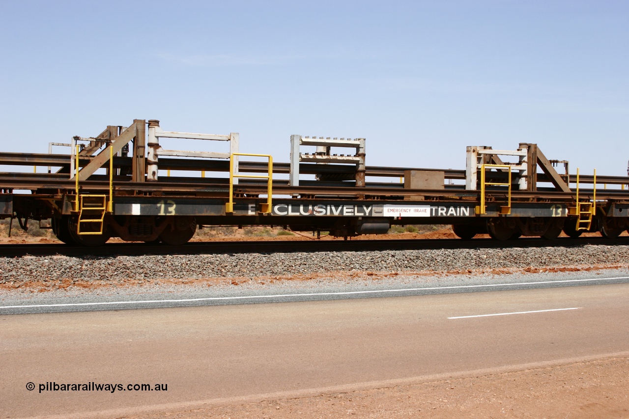 051001 5687
Boodarie, the Steel Train or rail recovery and transport train, flat waggon #13, 6202, a Comeng WA built flat waggon from January 1977 under order no. 07-M-282 RY.
Keywords: Comeng-WA;BHP-rail-train;