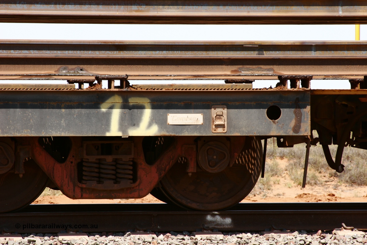 051001 5688
Boodarie, the Steel Train or rail recovery and transport train, builders plate detail of flat waggon #12, 6209, a Comeng WA built flat waggon from January 1977 under order no. 07-M-282 RY.
Keywords: Comeng-WA;BHP-rail-train;