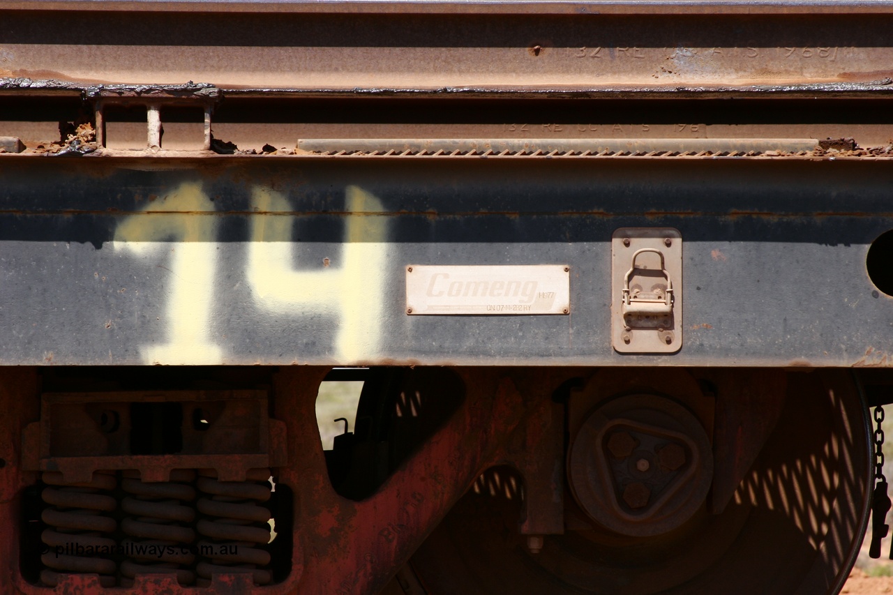 051001 5690
Boodarie, the Steel Train or rail recovery and transport train, builders plate detail of flat waggon #14, 6207, a Comeng WA built flat waggon from January 1977 under order no. 07-M-282 RY.
Keywords: Comeng-WA;BHP-rail-train;