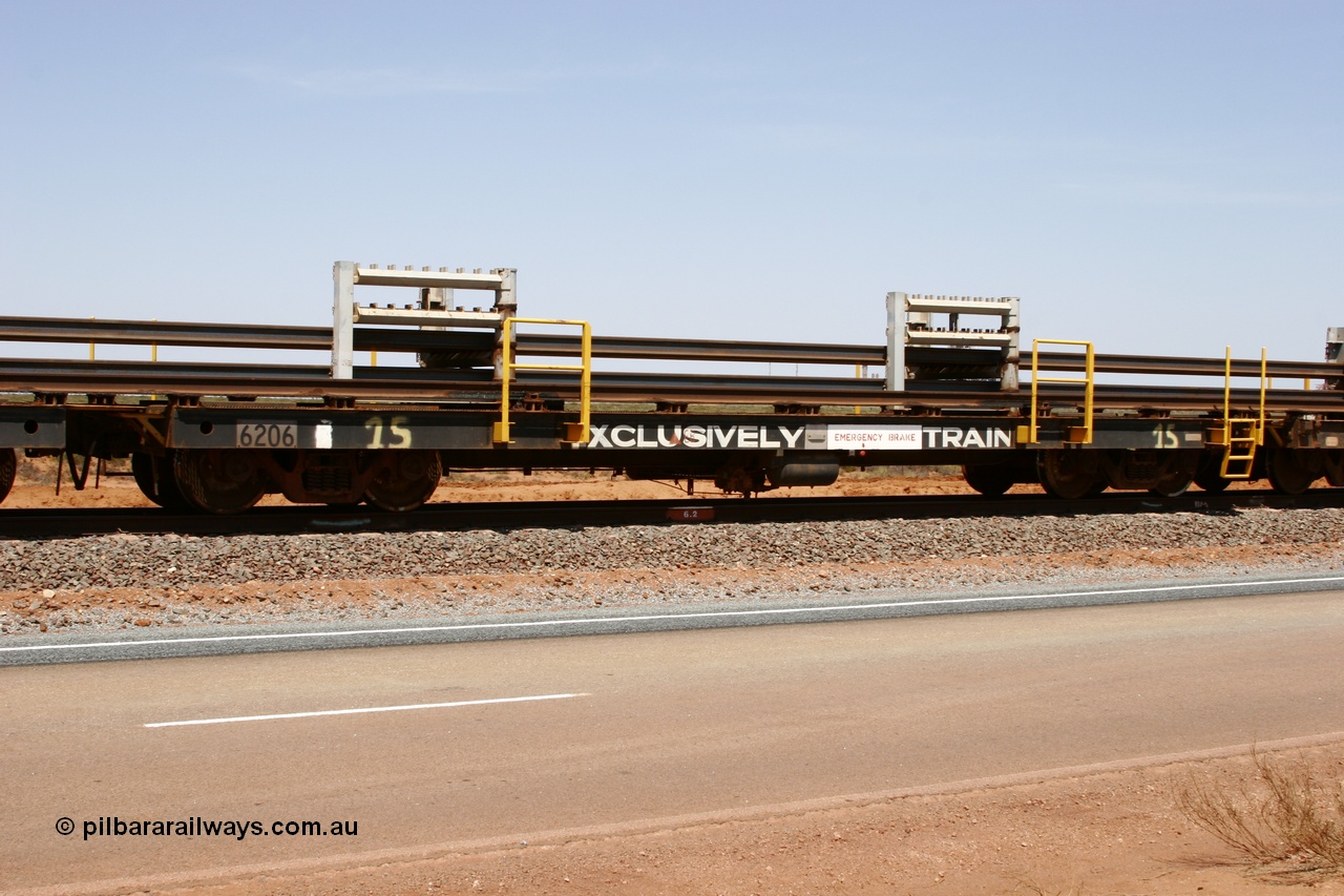 051001 5691
Boodarie, the Steel Train or rail recovery and transport train, flat waggon #15, 6206, a Comeng WA built flat waggon from January 1977 under order no. 07-M-282 RY.
Keywords: Comeng-WA;BHP-rail-train;