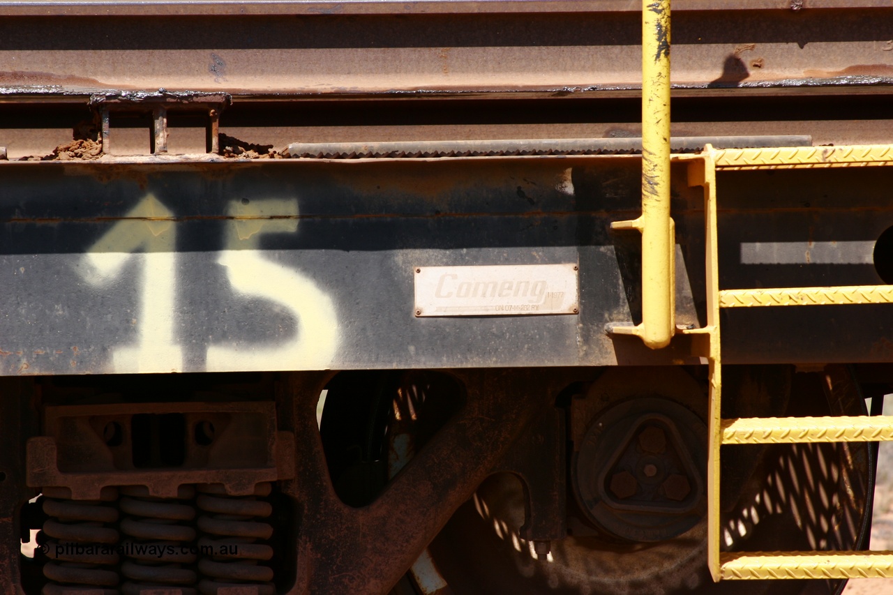 051001 5693
Boodarie, the Steel Train or rail recovery and transport train, builders plate detail of waggon #15, 6206, a Comeng WA built flat waggon from January 1977 under order no. 07-M-282 RY.
Keywords: Comeng-WA;BHP-rail-train;