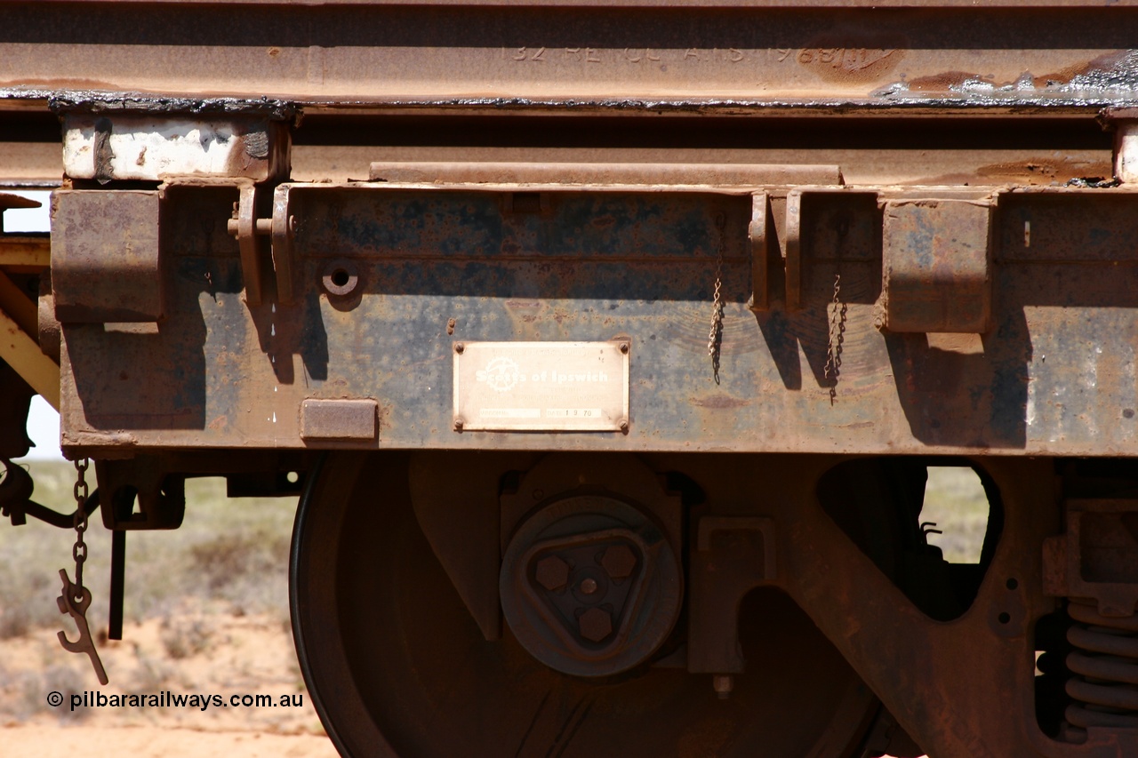 051001 5694
Boodarie, the Steel Train or rail recovery and transport train, builders plate detail of flat waggon #16, 6009, a Scotts of Ipswich Qld built flat waggon from September 1970.
Keywords: Scotts-Qld;BHP-rail-train;
