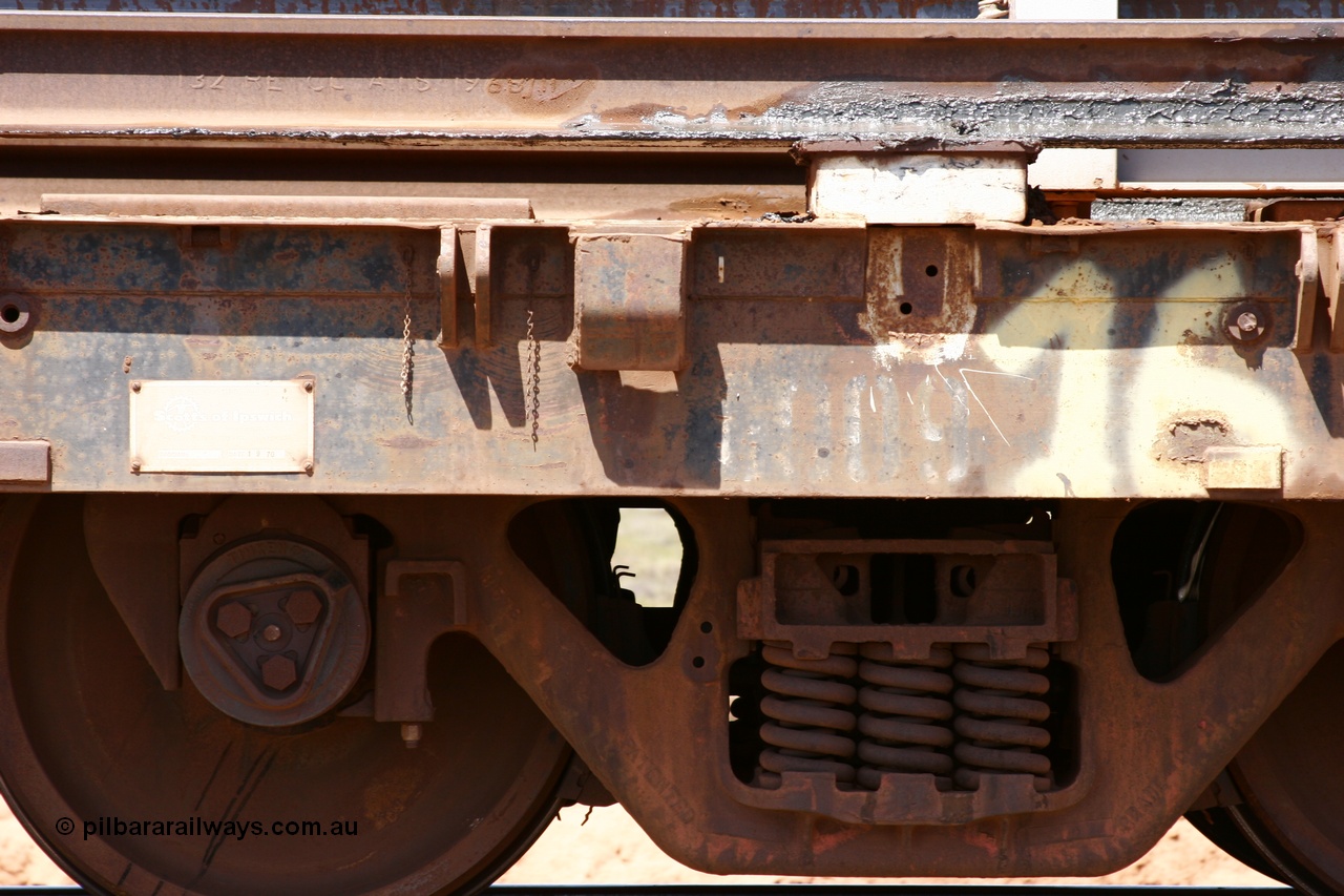 051001 5695
Boodarie, the Steel Train or rail recovery and transport train, builders plate detail of flat waggon #16, 6009, a Scotts of Ipswich Qld built flat waggon from September 1970.
Keywords: Scotts-Qld;BHP-rail-train;