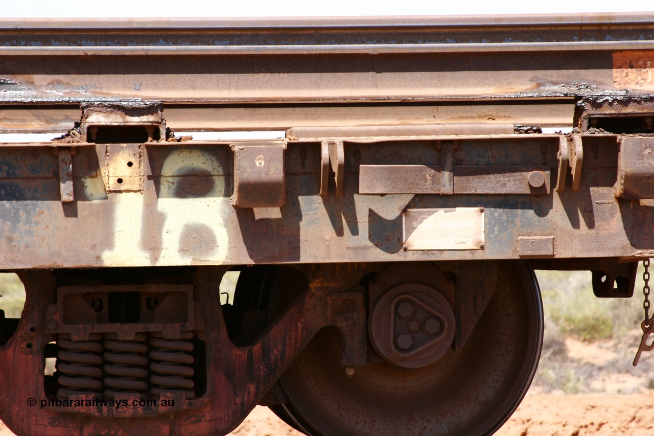 051001 5700
Boodarie, the Steel Train or rail recovery and transport train, flat waggon #18, 6012, detail of builders plate, a Scotts of Ipswich Qld built flat waggon with build date 11-09-1970.
Keywords: Scotts-Qld;BHP-rail-train;