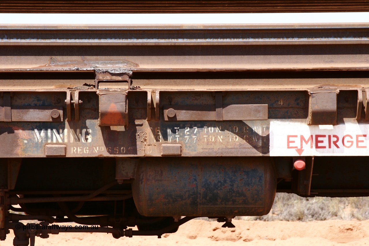 051001 5703
Boodarie, the Steel Train or rail recovery and transport train, flat waggon #20, 6010, detail of tare and gross with original G506010 number, a Scotts of Ipswich Qld built flat waggon from September 1970.
Keywords: Scotts-Qld;BHP-rail-train;
