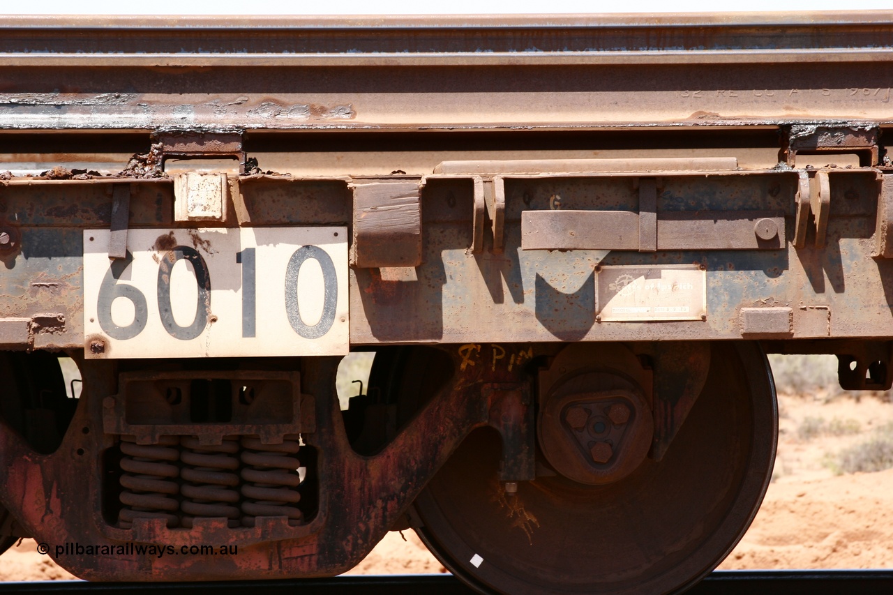 051001 5704
Boodarie, the Steel Train or rail recovery and transport train, builders plate detail of flat waggon #20, 6010, a Scotts of Ipswich Qld built flat waggon on 03-09-1970.
Keywords: Scotts-Qld;BHP-rail-train;