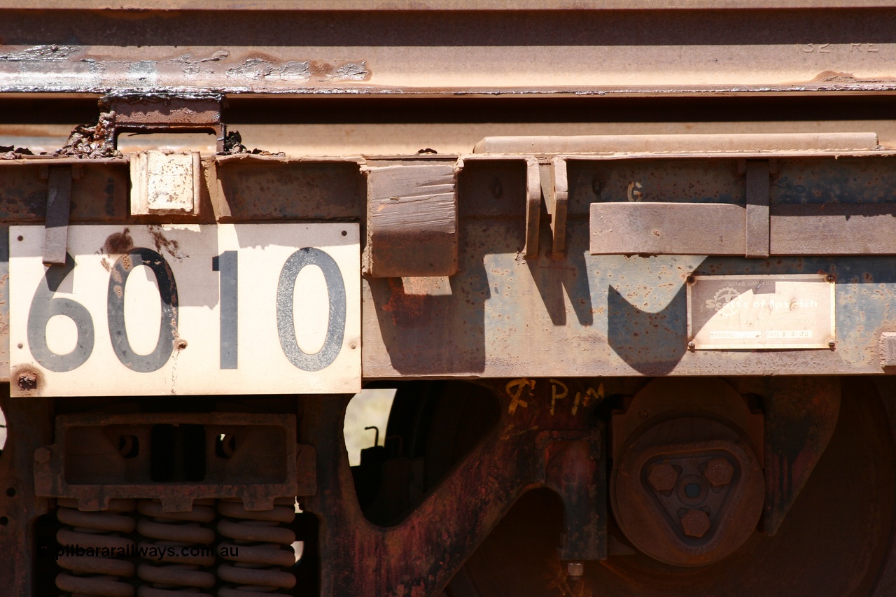 051001 5705
Boodarie, the Steel Train or rail recovery and transport train, builders plate detail of flat waggon #20, 6010, a Scotts of Ipswich Qld built flat waggon on 03-09-1970.
Keywords: Scotts-Qld;BHP-rail-train;