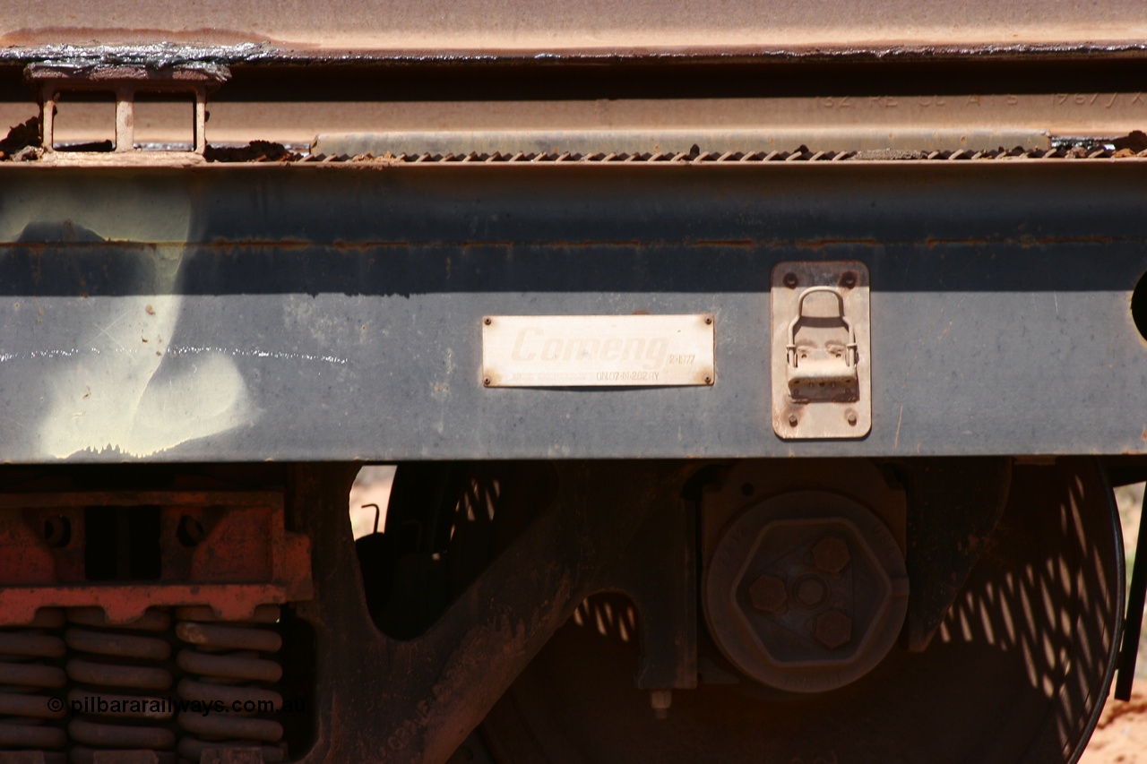 051001 5709
Boodarie, the Steel Train or rail recovery and transport train, flat waggon #22, 6213, builders plate detail, a Comeng WA built flat waggon from February 1977 under order no. 07-M-282 RY.
Keywords: Comeng-WA;BHP-rail-train;