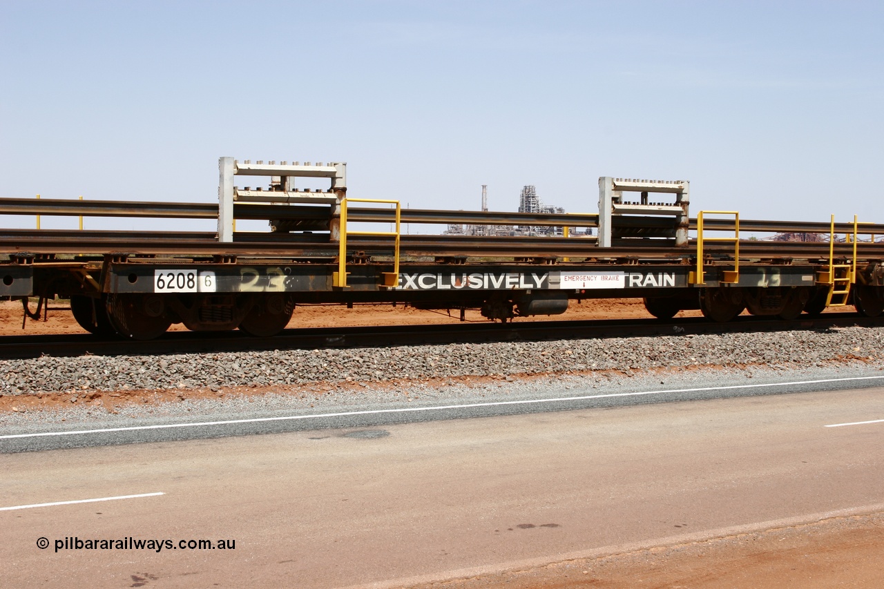 051001 5710
Boodarie, the Steel Train or rail recovery and transport train, flat waggon #23, 6208, a Comeng WA built flat waggon from February 1977 under order no. 07-M-282 RY.
Keywords: Comeng-WA;BHP-rail-train;