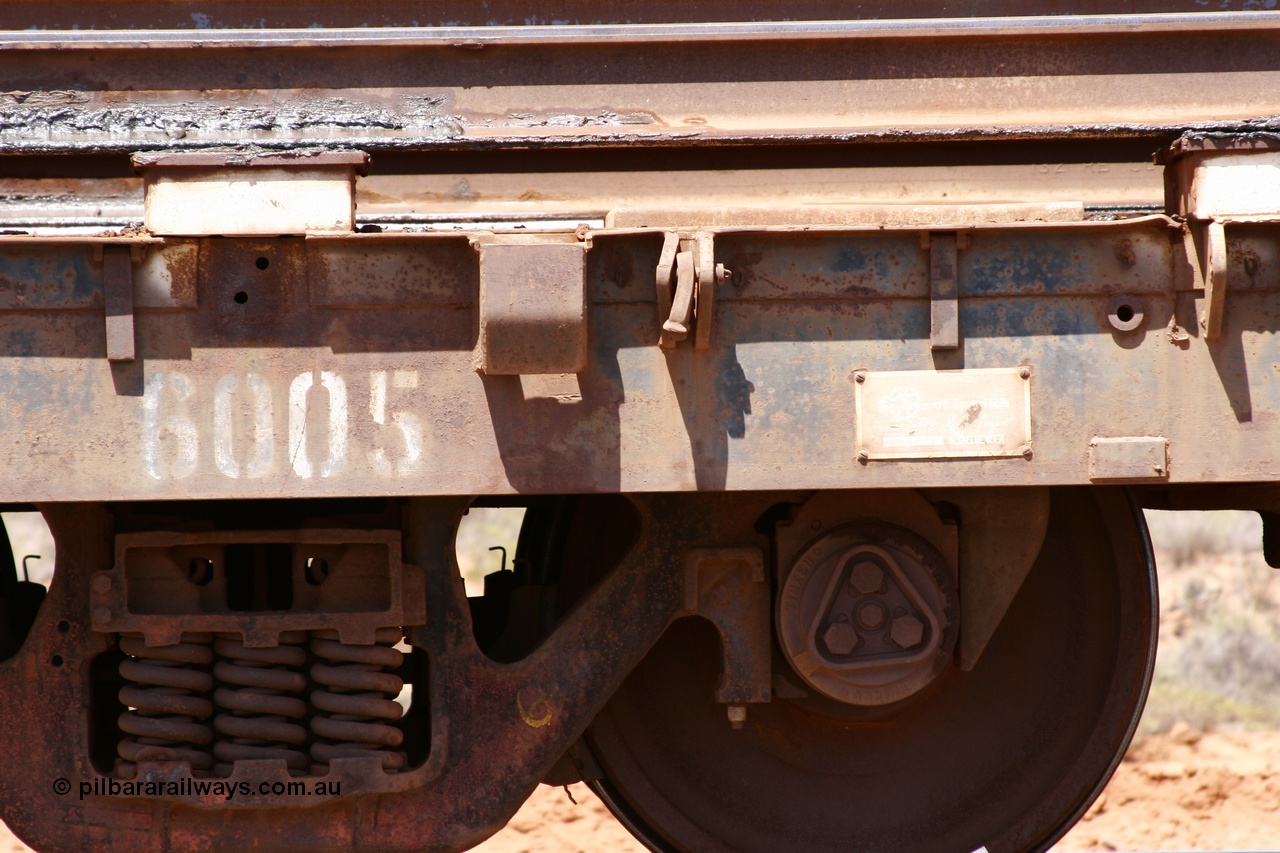 051001 5716
Boodarie, the Steel Train or rail recovery and transport train, flat waggon #24, 6005, builders plate, a Scotts of Ipswich Qld built flat waggon on 12th September 1970.
Keywords: Scotts-Qld;BHP-rail-train;