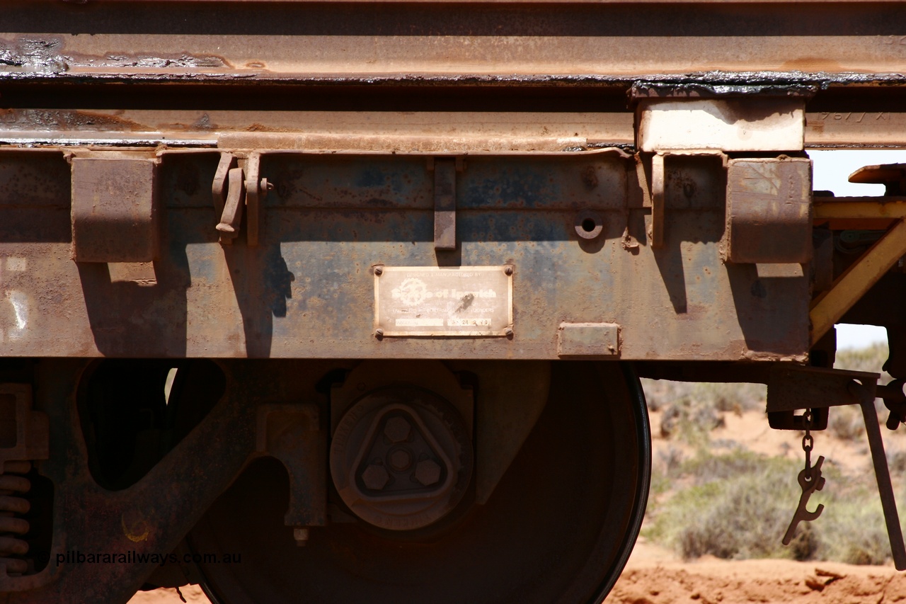 051001 5717
Boodarie, the Steel Train or rail recovery and transport train, flat waggon #24, 6005, builders plate, a Scotts of Ipswich Qld built flat waggon on 12th September 1970.
Keywords: Scotts-Qld;BHP-rail-train;