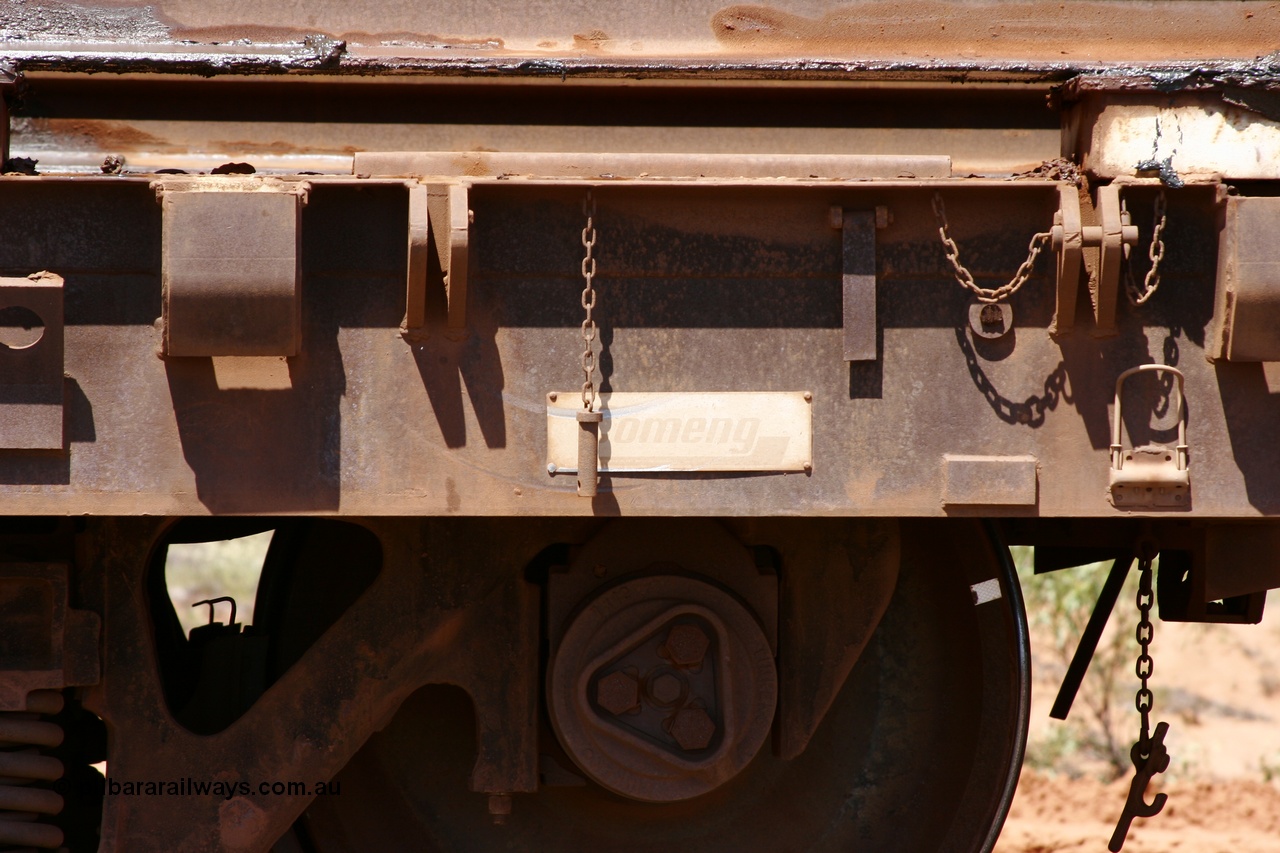 051001 5719
Boodarie, the Steel Train or rail recovery and transport train, flat waggon #26, 6015, builders plate, a Comeng WA built flat waggon from 1971.
Keywords: Comeng-WA;BHP-rail-train;