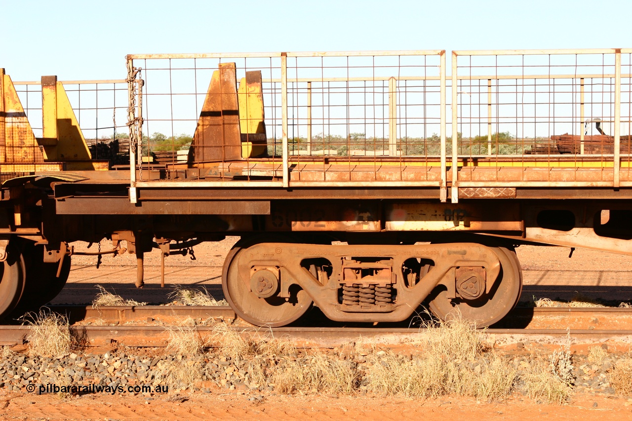 060429 3737
Flash Butt yard, Pony re-laying waggon, 6002 originally built for Goldsworthy Mining as one of a batch of six with a 55 tonne rating by Tomlinson Steel in 1966 of which three were sold to Mt Newman Mining in 1967 and numbered 6001-6003.
Keywords: BHP-pony-waggon;Tomlinson-Steel-WA;GML;