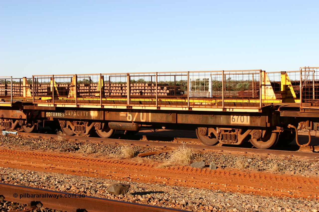 060429 3741
Flash Butt yard, Pony re-laying waggon 6702 is a heavily cut down and modified Magor USA ore waggon done by Mt Newman Mining workshops, converted to a 50 tonne flat waggon.
Keywords: BHP-pony-waggon;Magor-USA;Mt-Newman-Mining-WS;