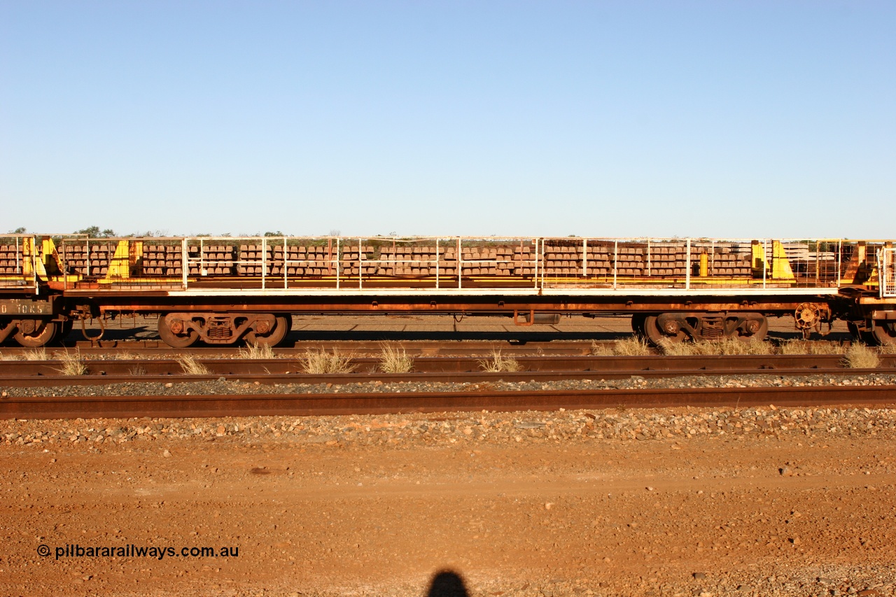 060429 3750
Flash Butt yard, Pony re-laying flat waggon, in service as a transport waggon for a gantry car and sleepers. Originally in service with Goldsworthy Mining as a BC or BCV box van, built by Comeng WA in 1966.
Keywords: Comeng-WA;GML;BHP-pony-waggon;