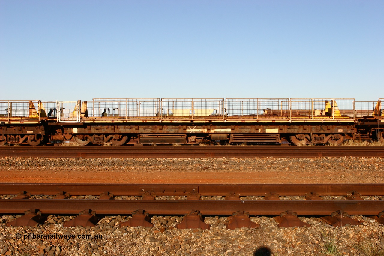 060429 3761
Flash Butt yard, Pony re-laying waggon, built for Mt Newman Mining, builders plate for Scotts of Ipswich Qld with a 24th September 1970 build date, one of nine originally numbered 6005-6013.
Keywords: BHP-pony-waggon;Scotts-Qld;