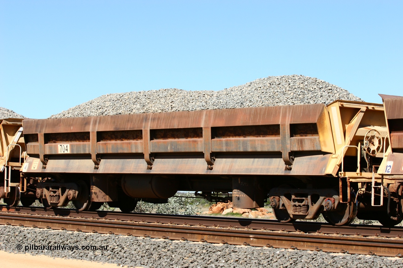 060501 3872
Tabba Siding, built by Difco USA in 1971 for Mt Newman Mining in a group of four, the last 'long' side dump waggon 704.
Keywords: Difco-Ohio-USA;BHP-ballast-waggon;