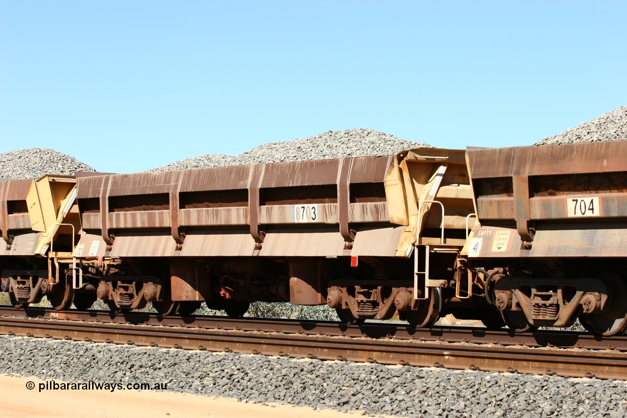 060501 3873
Tabba Siding, originally built by Difco USA for Goldsworthy Mining Ltd in 1967 as a batch of five, prefixed with 870 in BHP service, 8703 side dump waggon loaded with ballast.
Keywords: Difco-Ohio-USA;GML;BHP-ballast-waggon;