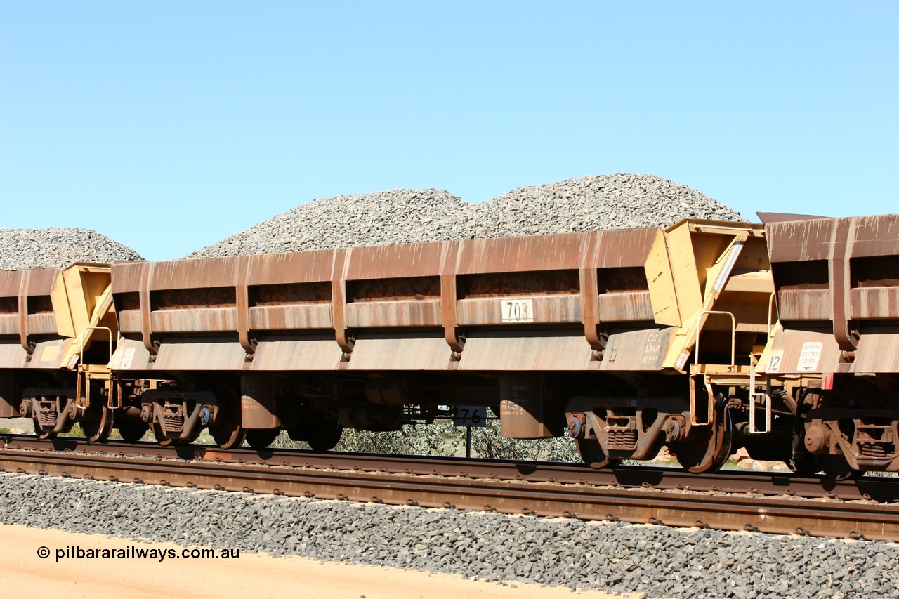 060501 3874
Tabba Siding, built by Difco USA in 1971 for Mt Newman Mining in a group of four, side dump waggon 703.
Keywords: Difco-Ohio-USA;BHP-ballast-waggon;