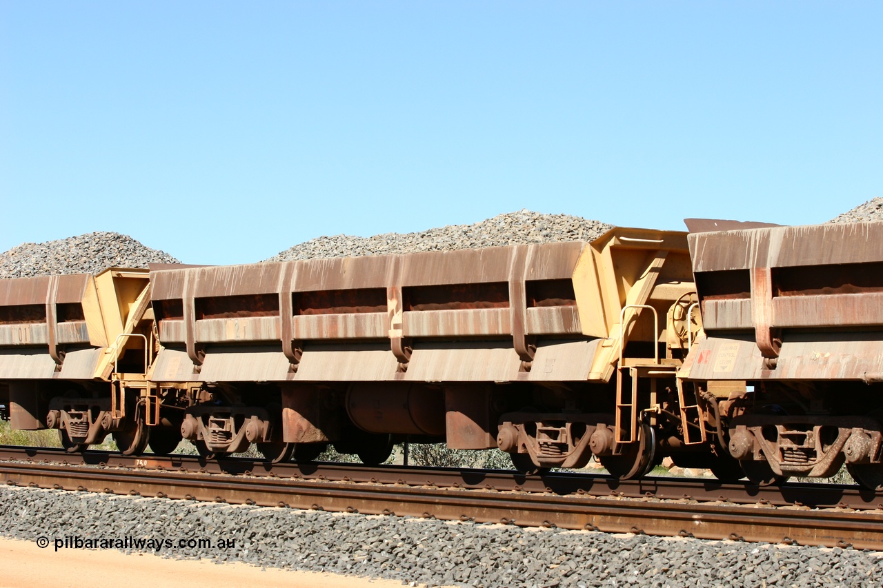 060501 3877
Tabba Siding, originally built by Difco USA for Goldsworthy Mining Ltd in 1967 as a batch of five, prefixed with 870 in BHP service, 8702 side dump waggon loaded with ballast.
Keywords: Difco-Ohio-USA;GML;BHP-ballast-waggon;