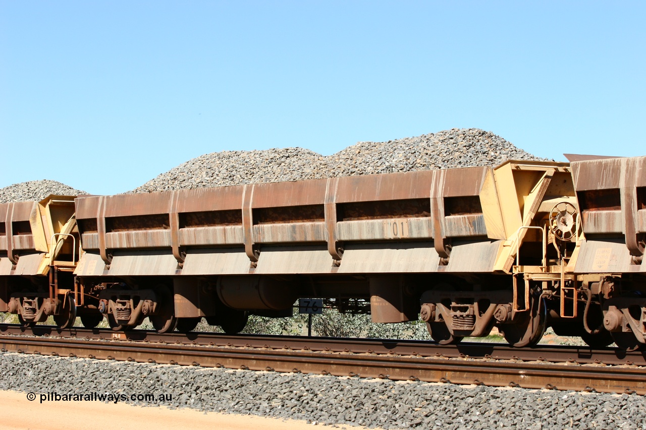 060501 3878
Tabba Siding, built by Difco USA in 1971 for Mt Newman Mining in a group of four, 701 was the class leader of the long side dump waggons.
Keywords: Difco-Ohio-USA;BHP-ballast-waggon;