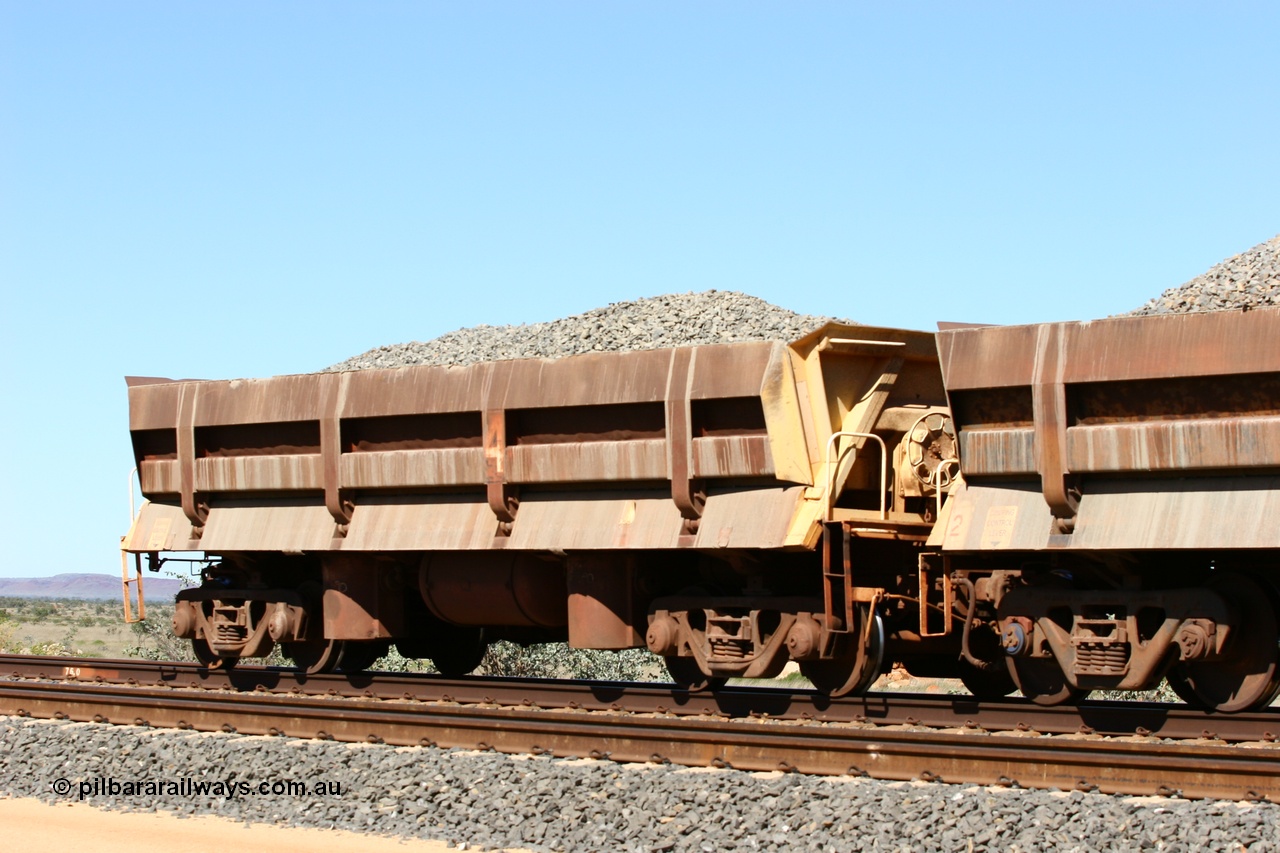 060501 3879
Tabba Siding, originally built by Difco USA for Goldsworthy Mining Ltd in 1967 as a batch of five, prefixed with 870 in BHP service, 8704 side dump waggon loaded with ballast.
Keywords: Difco-Ohio-USA;GML;BHP-ballast-waggon;