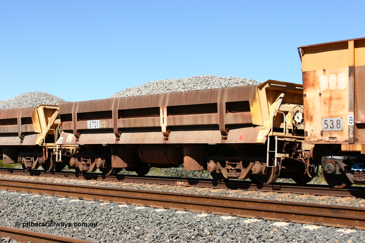 060501 3893
Tabba Siding, originally built by Difco USA for Goldsworthy Mining Ltd in 1967 as a batch of five, prefixed with 870 in BHP service, 8701 side dump waggon loaded with ballast.
Keywords: Difco-Ohio-USA;GML;BHP-ballast-waggon;