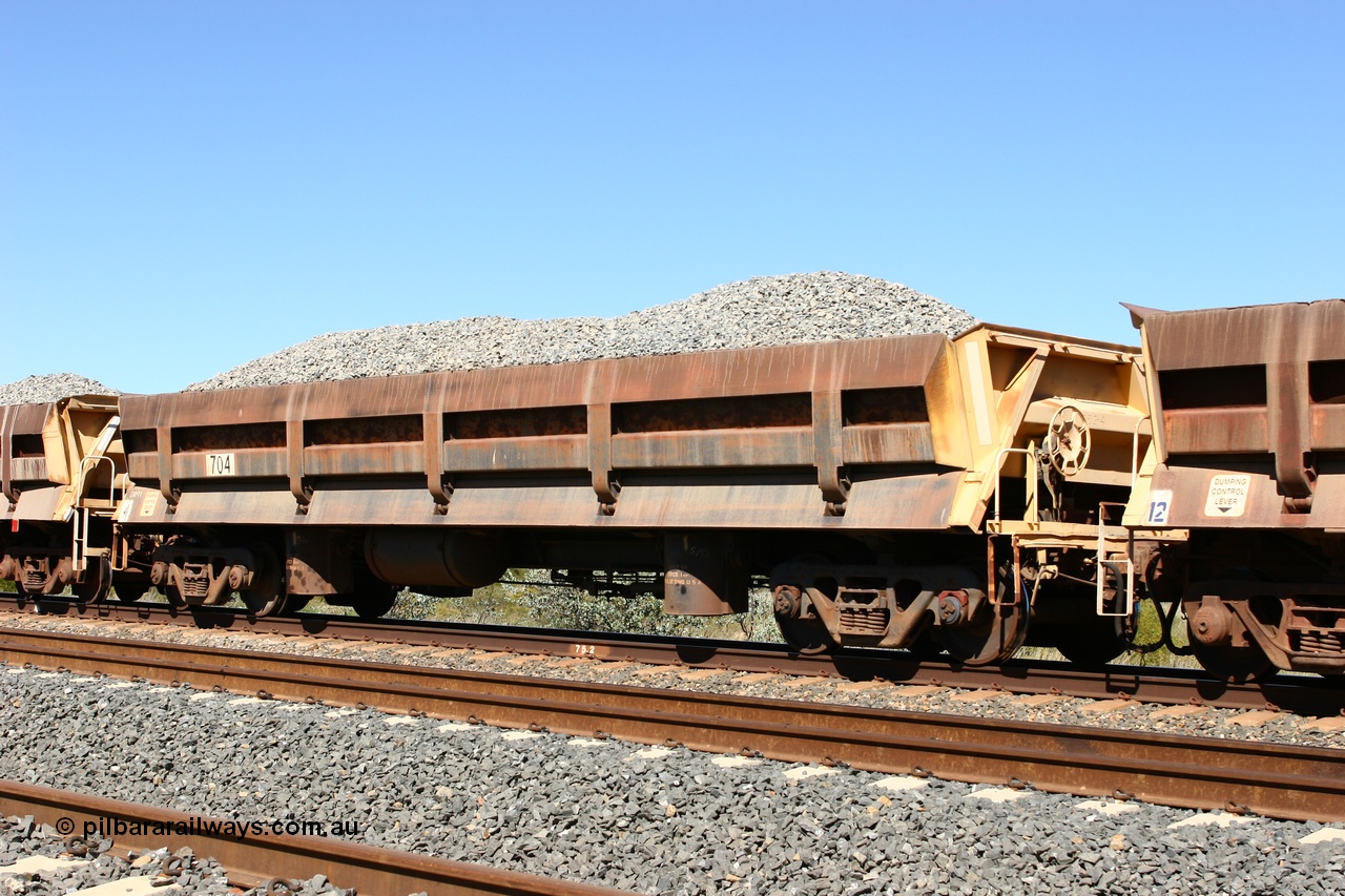 060501 3894
Tabba Siding, built by Difco USA in 1971 for Mt Newman Mining in a group of four, the last 'long' side dump waggon 704.
Keywords: Difco-Ohio-USA;BHP-ballast-waggon;