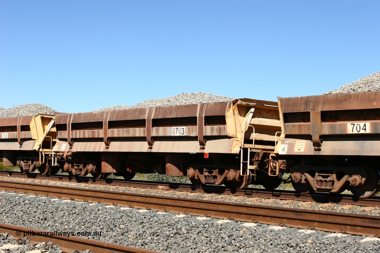060501 3895
Tabba Siding, originally built by Difco USA for Goldsworthy Mining Ltd in 1967 as a batch of five, prefixed with 870 in BHP service, 8703 side dump waggon loaded with ballast.
Keywords: Difco-Ohio-USA;GML;BHP-ballast-waggon;