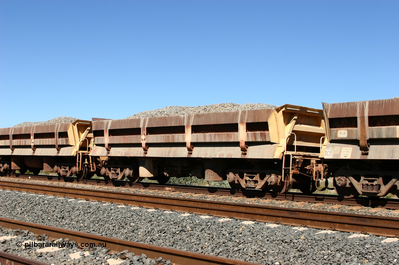 060501 3898
Tabba Siding, originally built by Difco USA for Goldsworthy Mining Ltd in 1967 as a batch of five, prefixed with 870 in BHP service, 8705 side dump waggon loaded with ballast.
Keywords: Difco-Ohio-USA;GML;BHP-ballast-waggon;