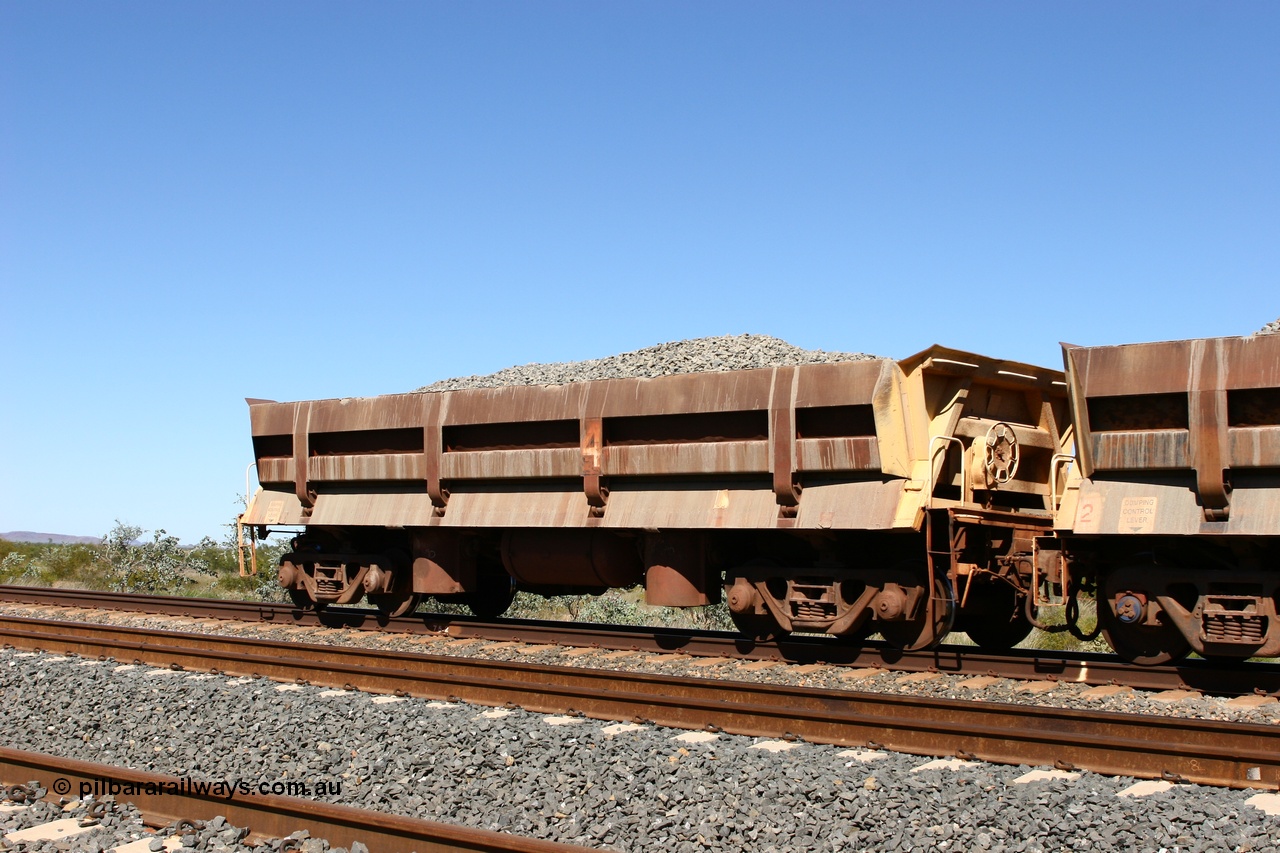 060501 3901
Tabba Siding, originally built by Difco USA for Goldsworthy Mining Ltd in 1967 as a batch of five, prefixed with 870 in BHP service, 8704 side dump waggon loaded with ballast.
Keywords: Difco-Ohio-USA;GML;BHP-ballast-waggon;