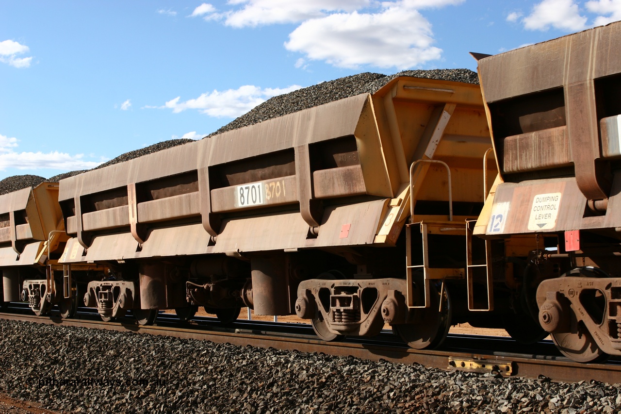 060618 6209
Abydos Siding, originally built by Difco USA for Goldsworthy Mining Ltd in 1967 as a batch of five, prefixed with 870 in BHP service, 8701 side dump waggon loaded with fines for pad capping.
Keywords: Difco-Ohio-USA;GML;BHP-ballast-waggon;