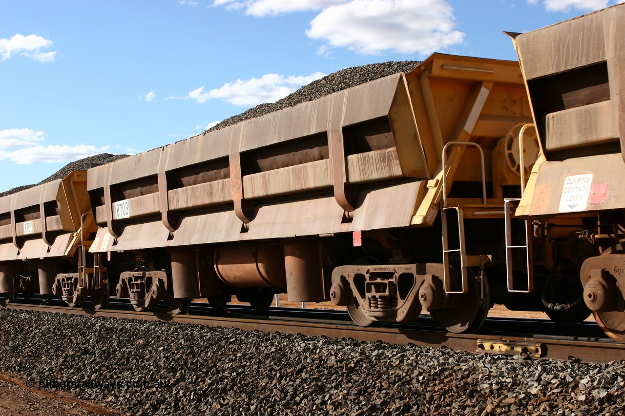 060618 6210
Abydos Siding, originally built by Difco USA for Goldsworthy Mining Ltd in 1967 as a batch of five, prefixed with 870 in BHP service, 8703 side dump waggon loaded with fines for pad capping.
Keywords: Difco-Ohio-USA;GML;BHP-ballast-waggon;