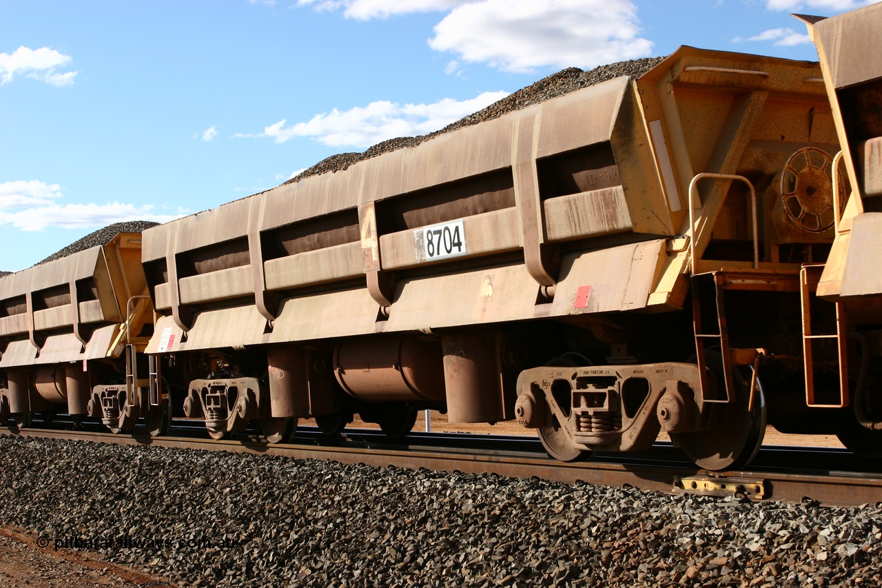 060618 6211
Abydos Siding, originally built by Difco USA for Goldsworthy Mining Ltd in 1967 as a batch of five, prefixed with 870 in BHP service, 8704 side dump waggon loaded with fines for pad capping.
Keywords: Difco-Ohio-USA;GML;BHP-ballast-waggon;